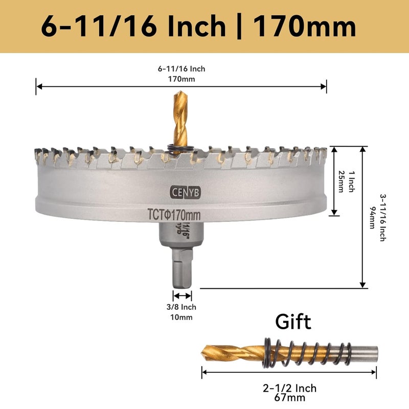 cenyb منشار ثقب مزود برؤوس كربيد التنغستن بقطر 6-11/16" (170 مم) مع 2 قطعة من بت الحفر المطلية بالتيتانيوم للمعادن الصلبة، الفولاذ المقاوم للصدأ، الحديد، سبائك الألومنيوم، الخشب والبلاستيك - Image 2